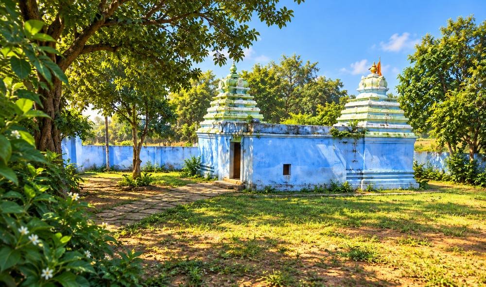 The present temple: a small blue-painted shrine with two tiered towers, surrounded by trees and a compound wall